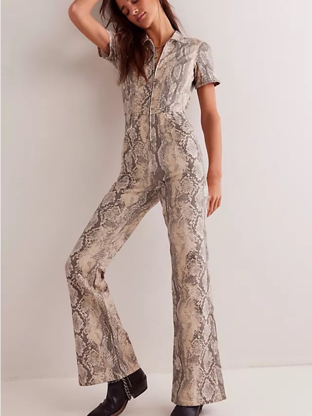 Free People Neutral Snake-Print Short Sleeve Jumpsuit